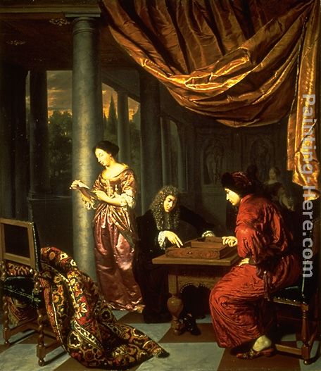 Interior with figures playing Tric Trac painting - Frans van Mieris Interior with figures playing Tric Trac art painting